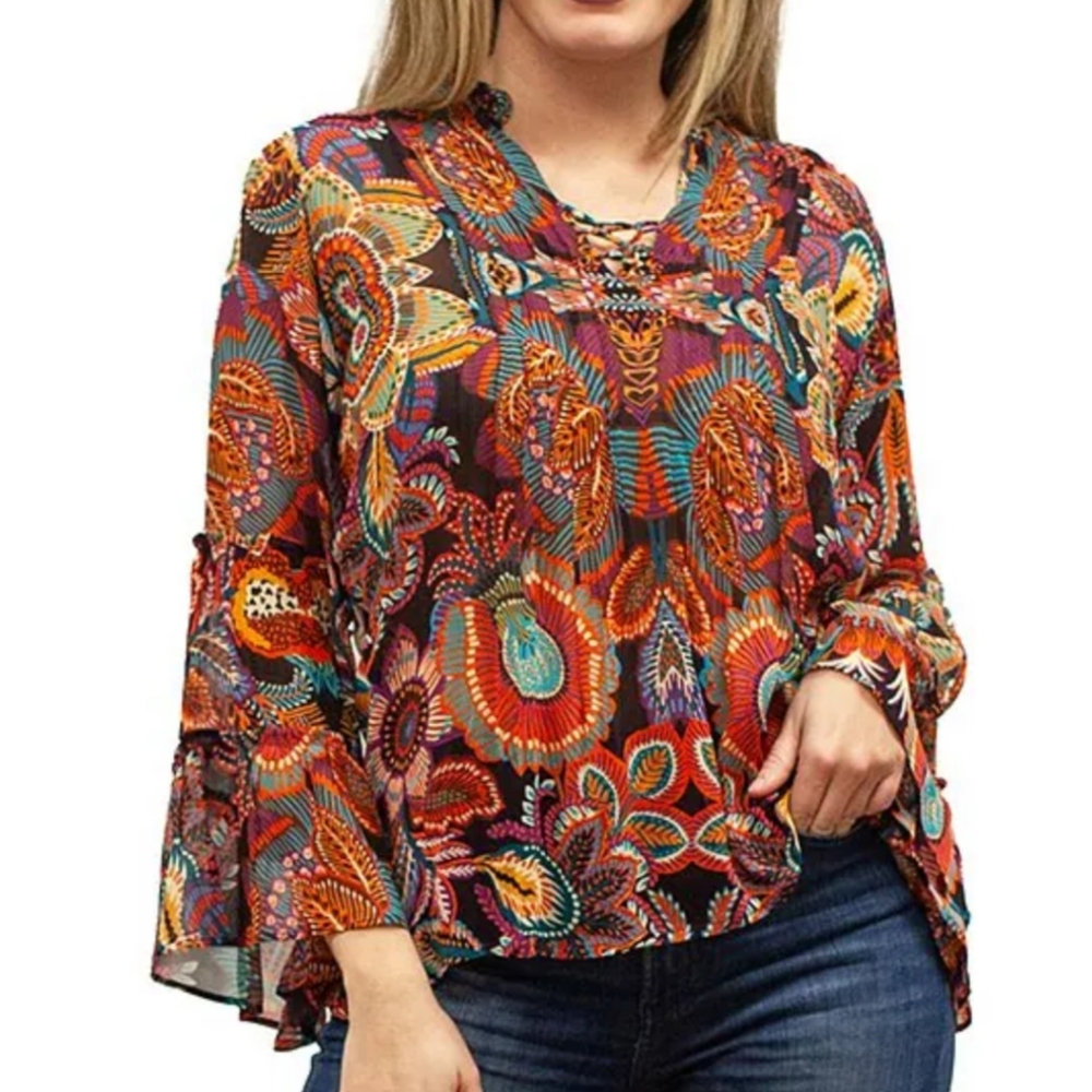 NWT KARYN SEO Blouse with long bell sleeve, floral size Large